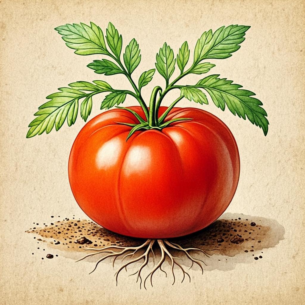 Botanical illustration of a heritage tomato on the vine