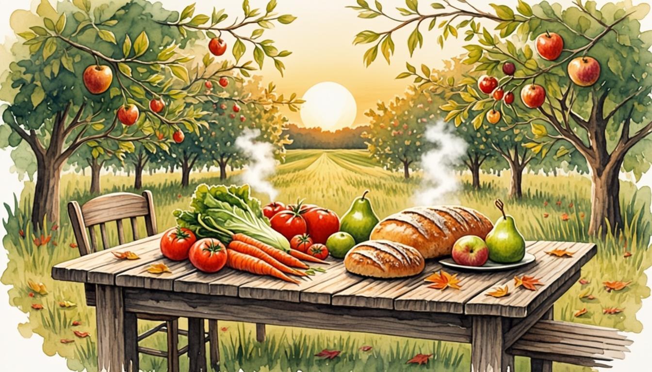 Long rustic table set in an orchard, surrounded by nature