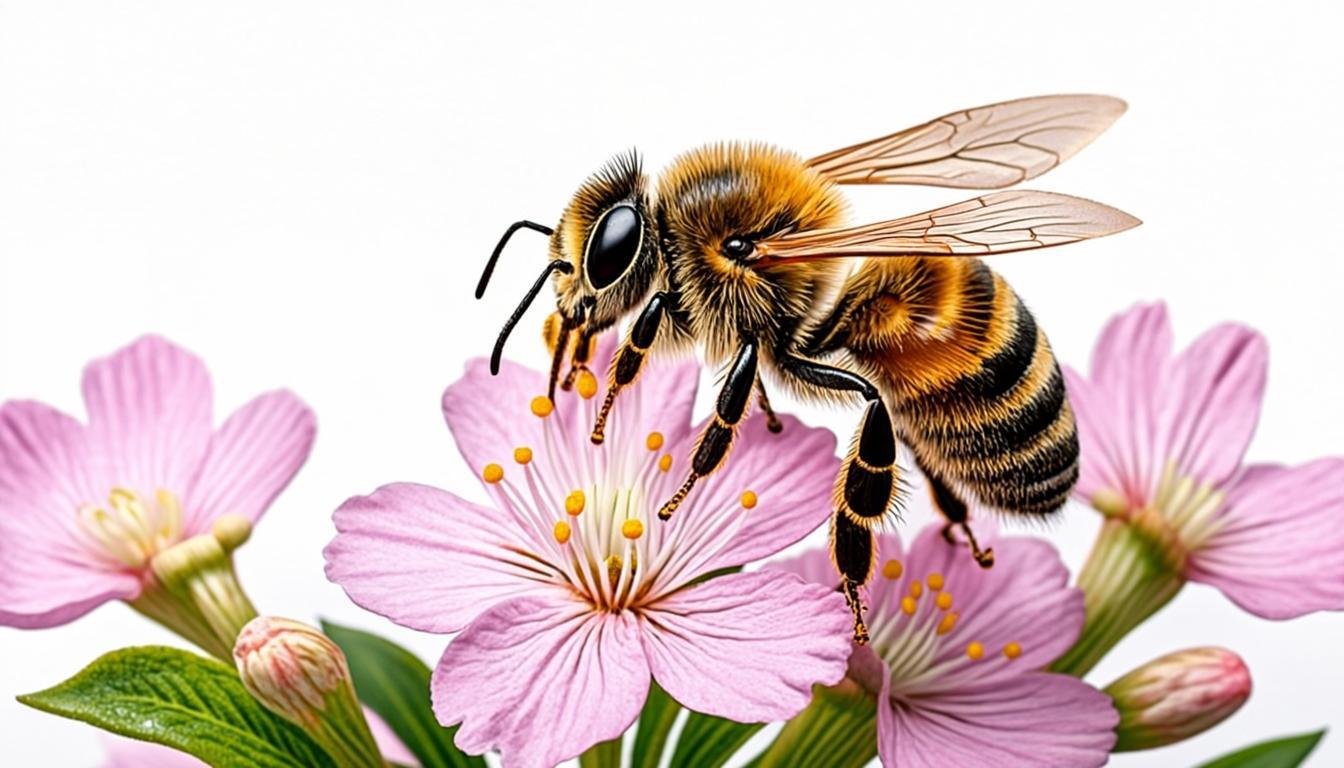 A honeybee rests on buckwheat blossoms in the quiet morning light of The Quiet Acre