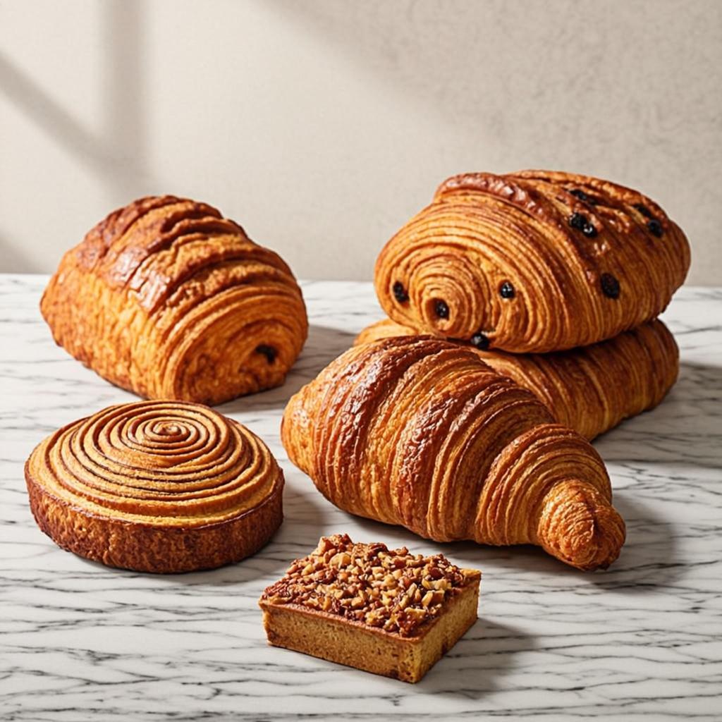 Fresh viennoiserie - golden croissants and pain au chocolat cooling on racks