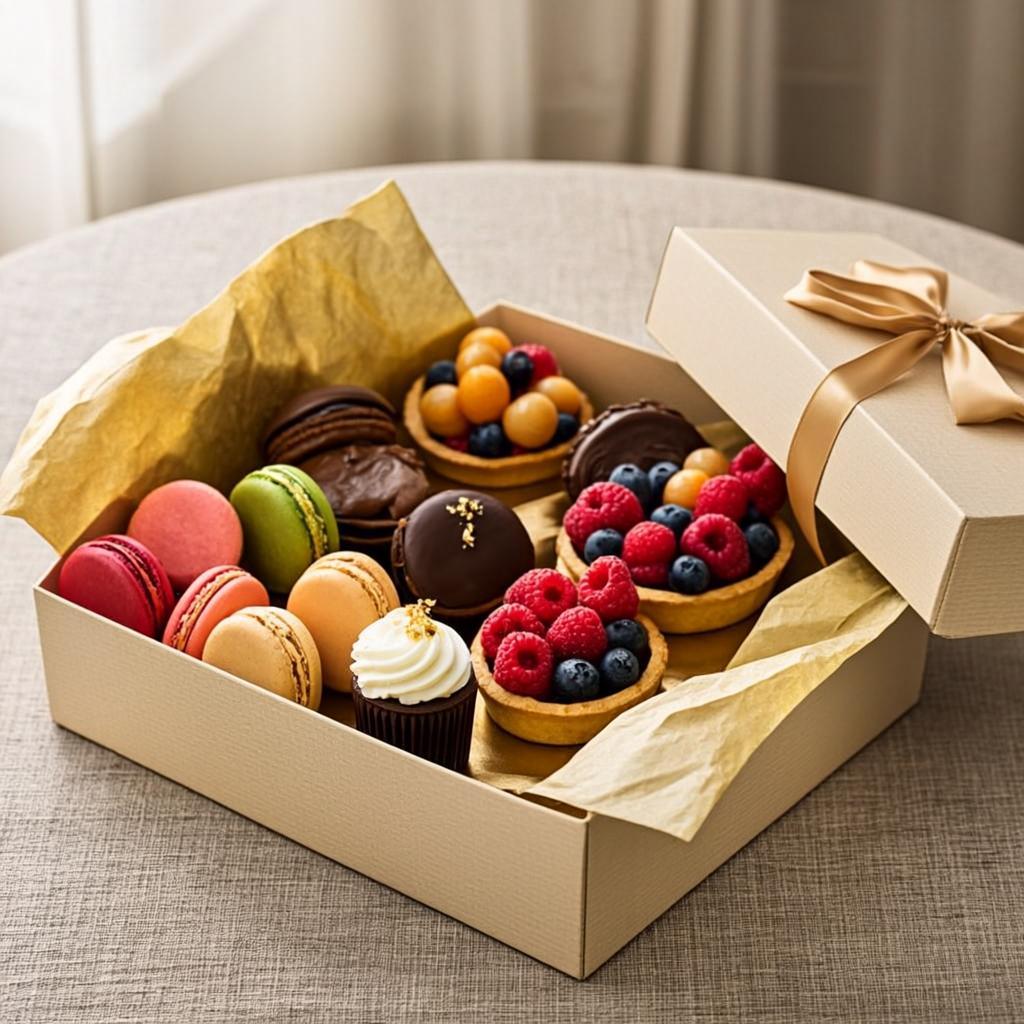 Curated gift boxes from Maison Dorée - seasonal pastries, tartlets, and macarons beautifully packaged