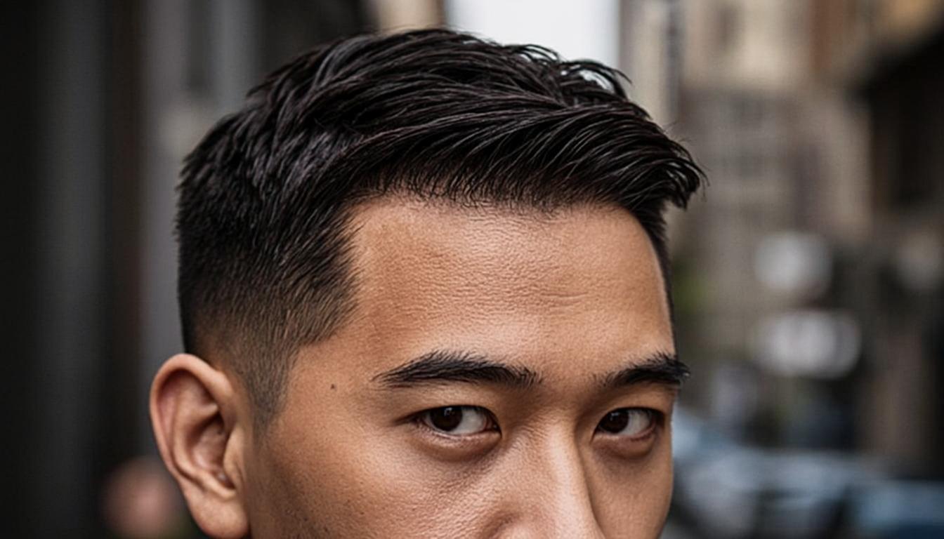 Textured crop haircut with matte styling, modern urban aesthetic