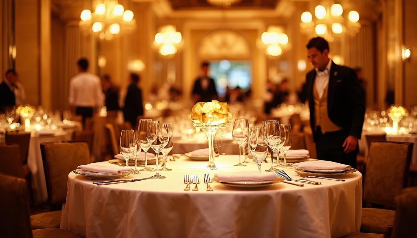 Elegant catered event with beautifully set tables and warm lighting