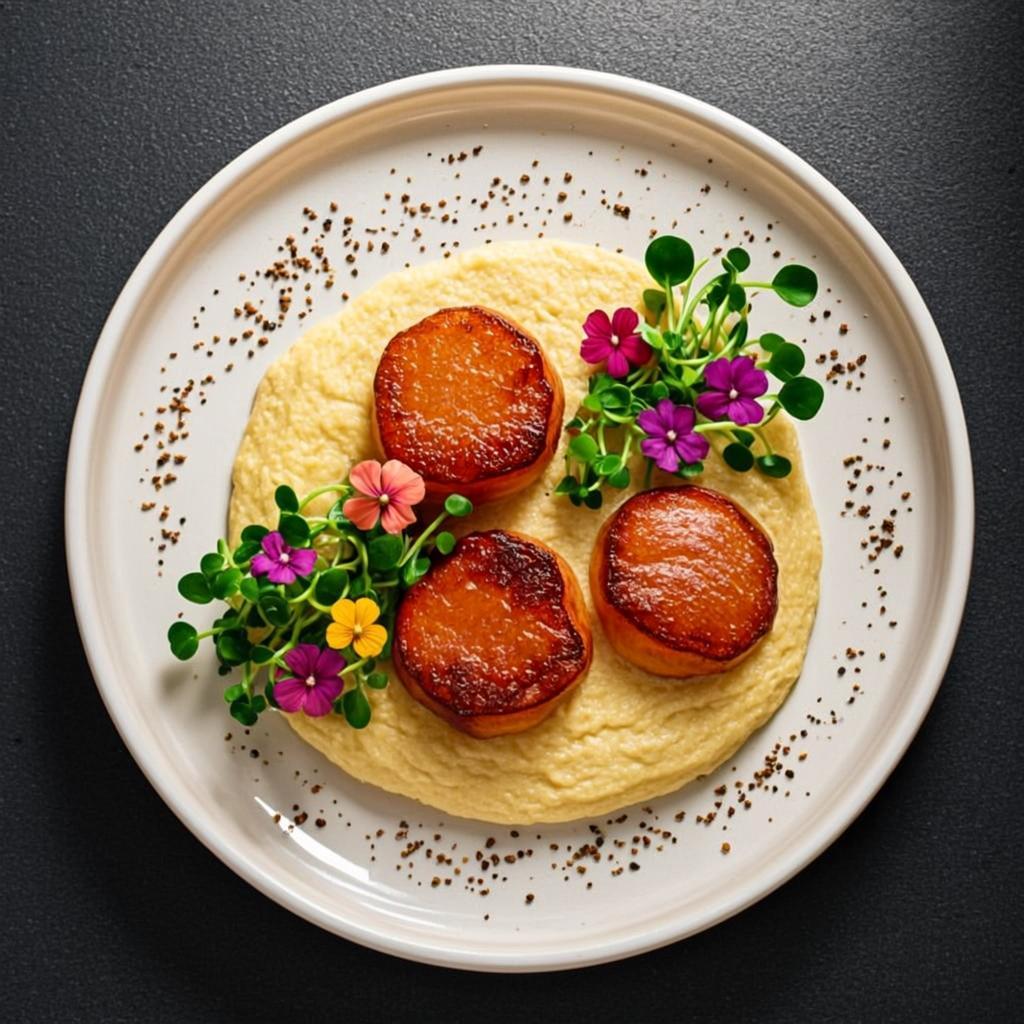 Seared scallop on cauliflower purée with microgreens and truffle oil