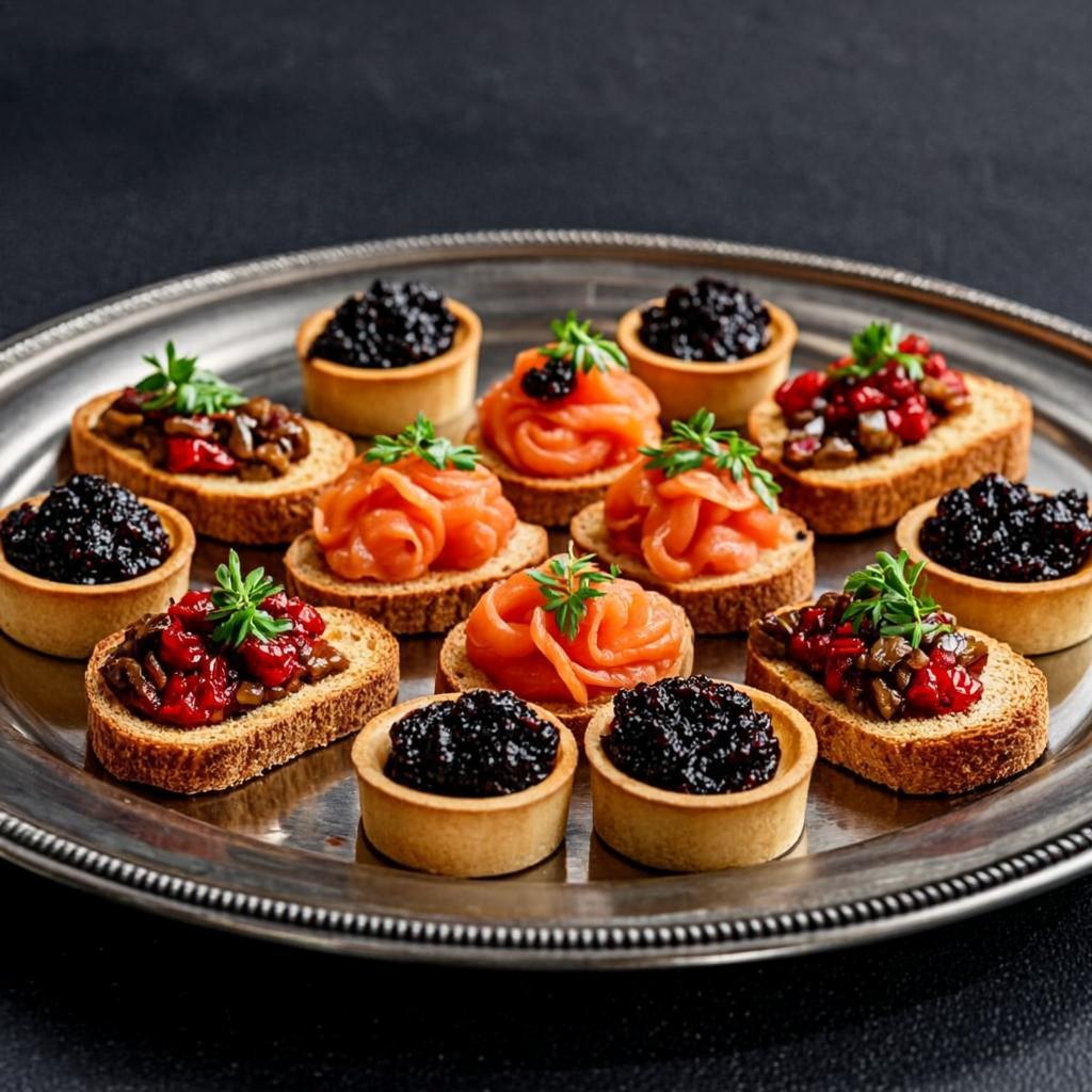 Assorted luxury canapés on silver tray