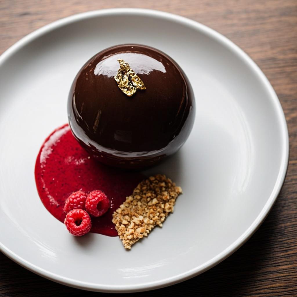 Chocolate sphere dessert with gold leaf and raspberry coulis