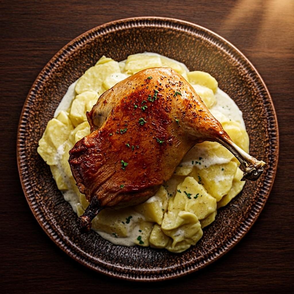 Duck confit parmentier with golden herb crust and creamy potato gratin