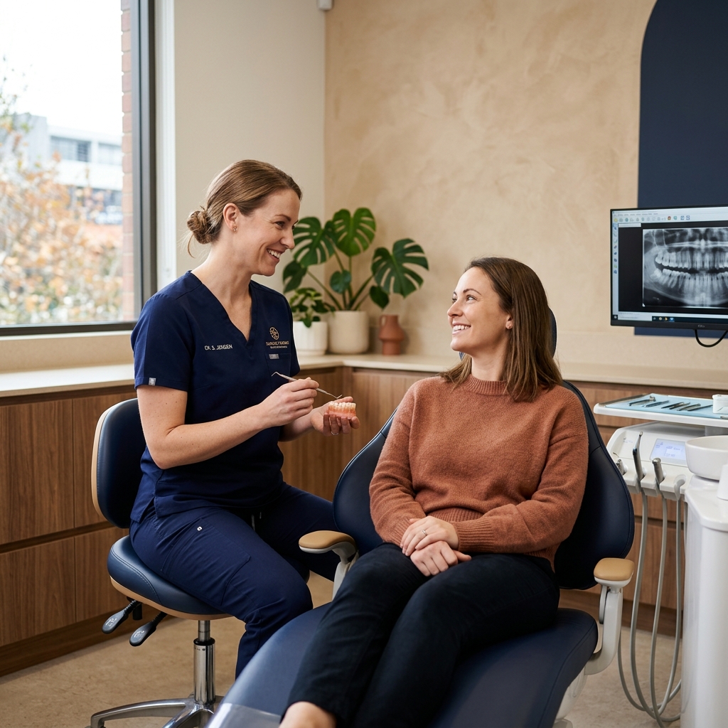 Dentist consulting with patient in modern clinic