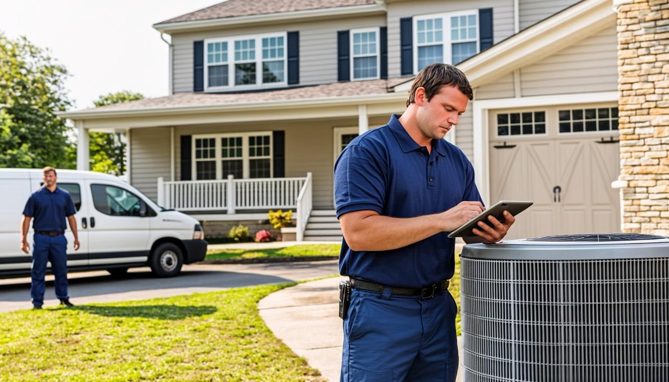 Professional HVAC technician providing service at a suburban home