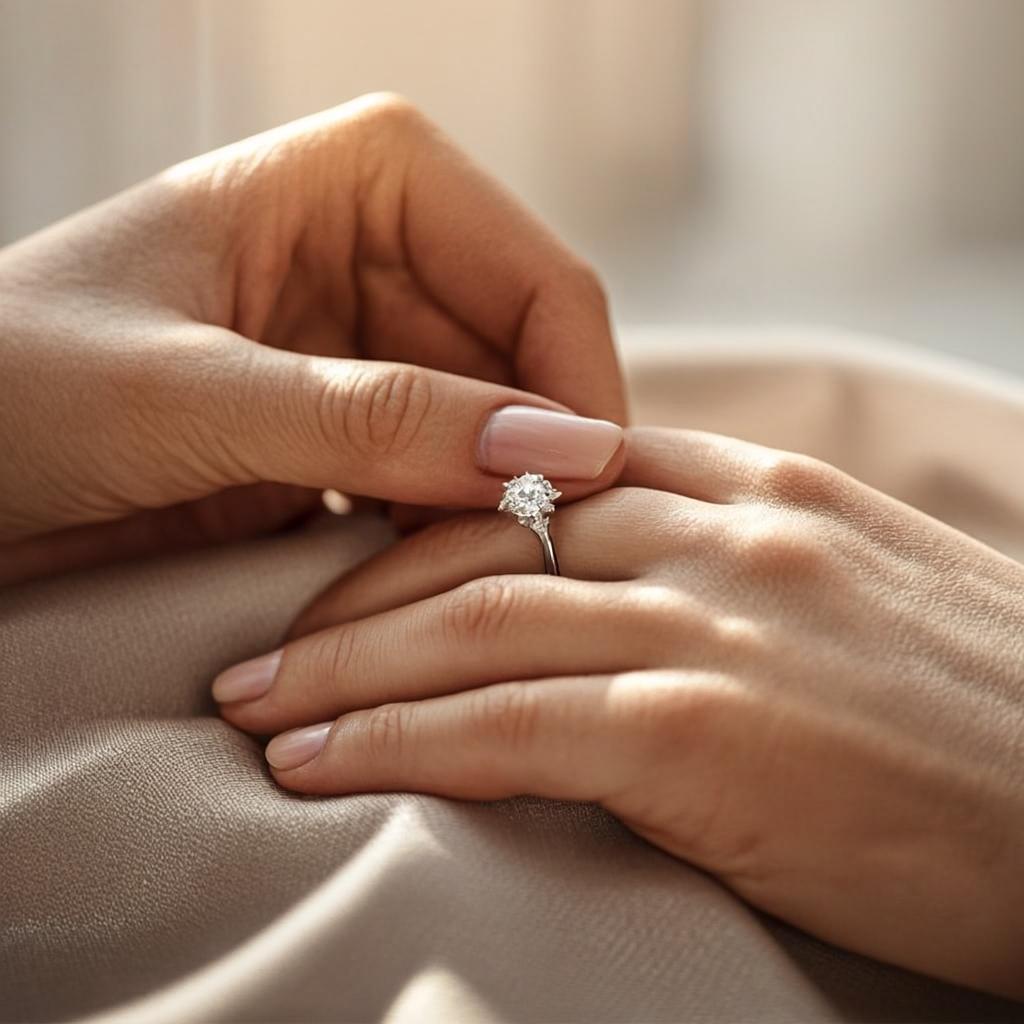 Close-up detail of diamond ring on silk fabric
