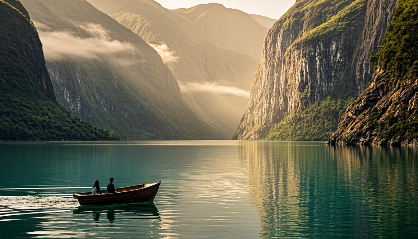 Dramatic Norwegian fjord at golden hour with towering emerald cliffs and mist