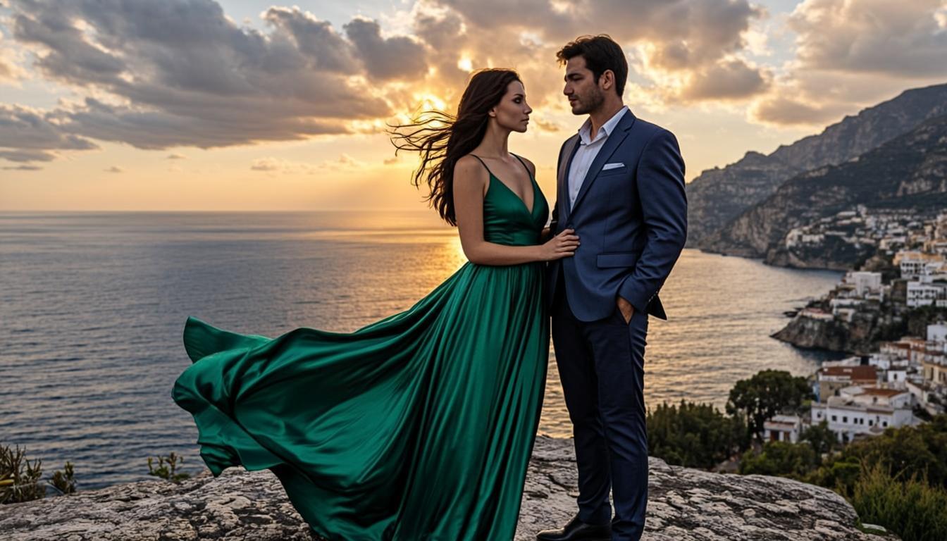 Couple on a dramatic clifftop overlooking the Amalfi Coast at golden hour