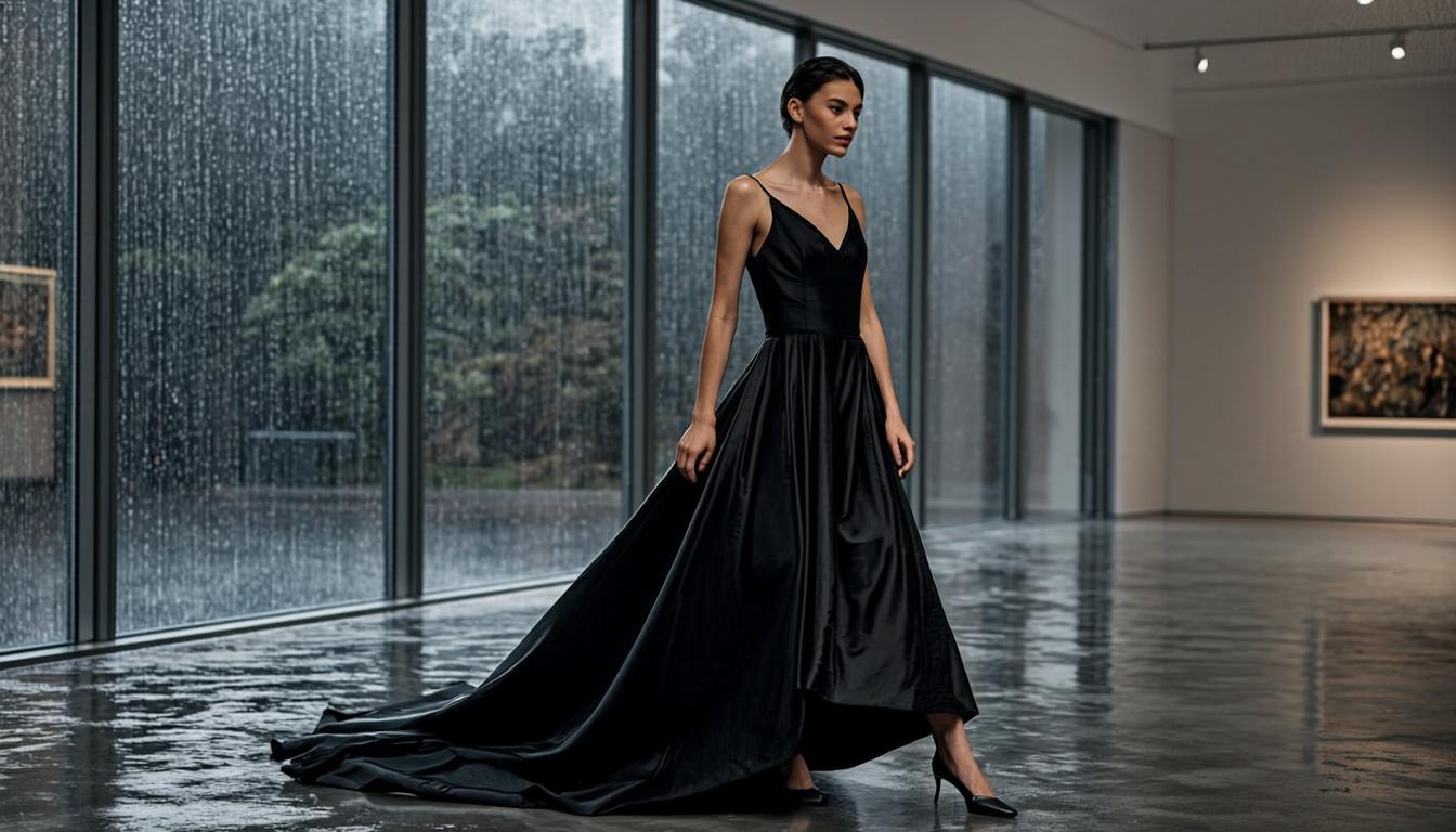Fashion model in haute couture walking through reflections in a modern art gallery