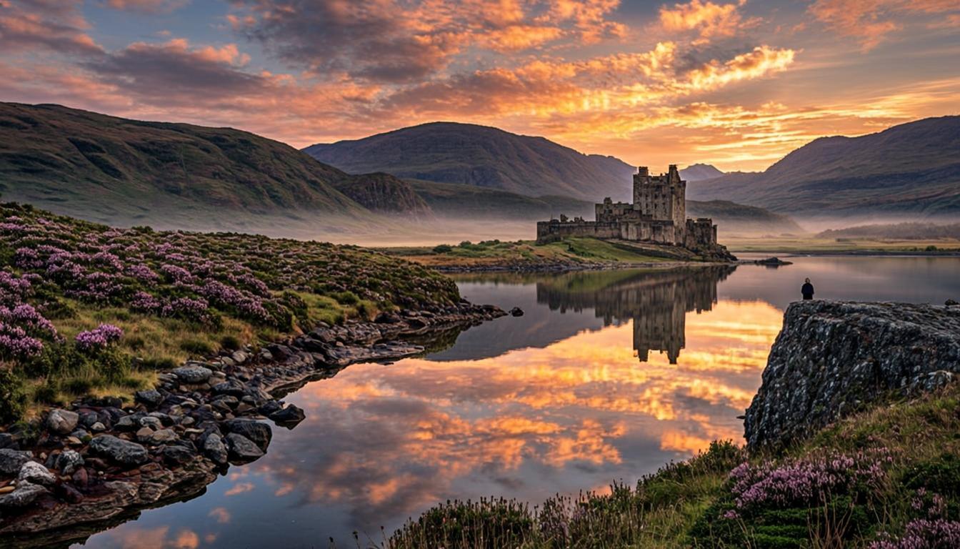 Scottish Highlands at sunset with rugged mountains, mirror-like loch and castle ruins