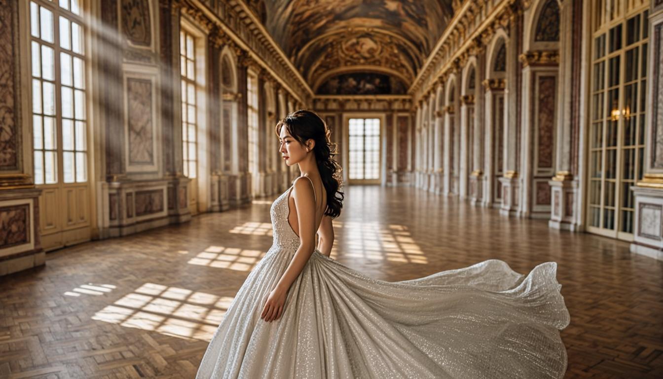 Editorial wedding photography in a grand baroque palace with dramatic natural light
