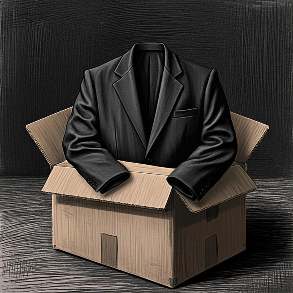 Charcoal sketch of a suit jacket draped over a moving box - the weight of transition