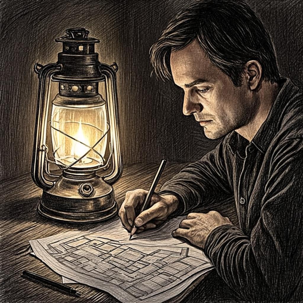 Charcoal sketch of a hand tracing a floorplan alone at night - searching in the dark