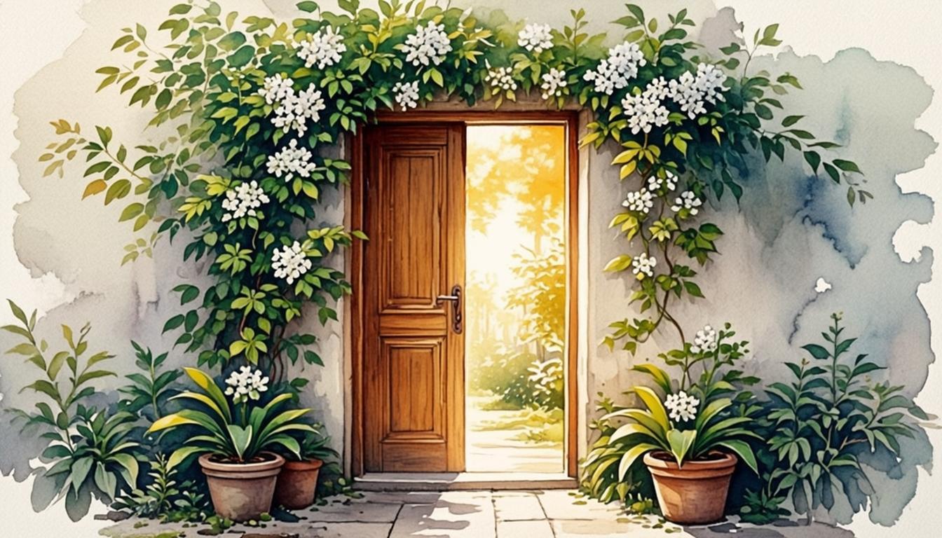 An open doorway bathed in warm light, with jasmine petals floating in the air