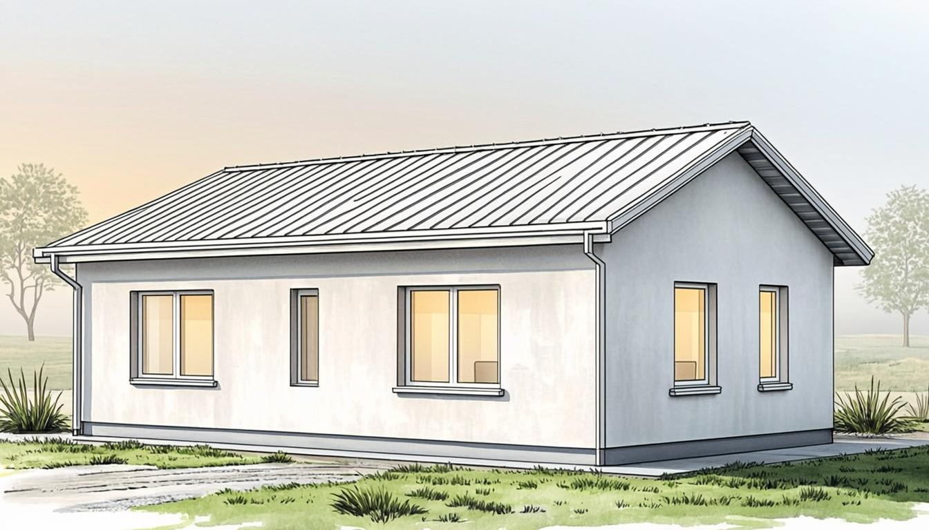 Continuous-line ink drawing of a house at dawn