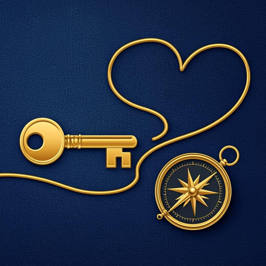 Gold foil key, compass, and heart - symbols of home, direction, and belonging