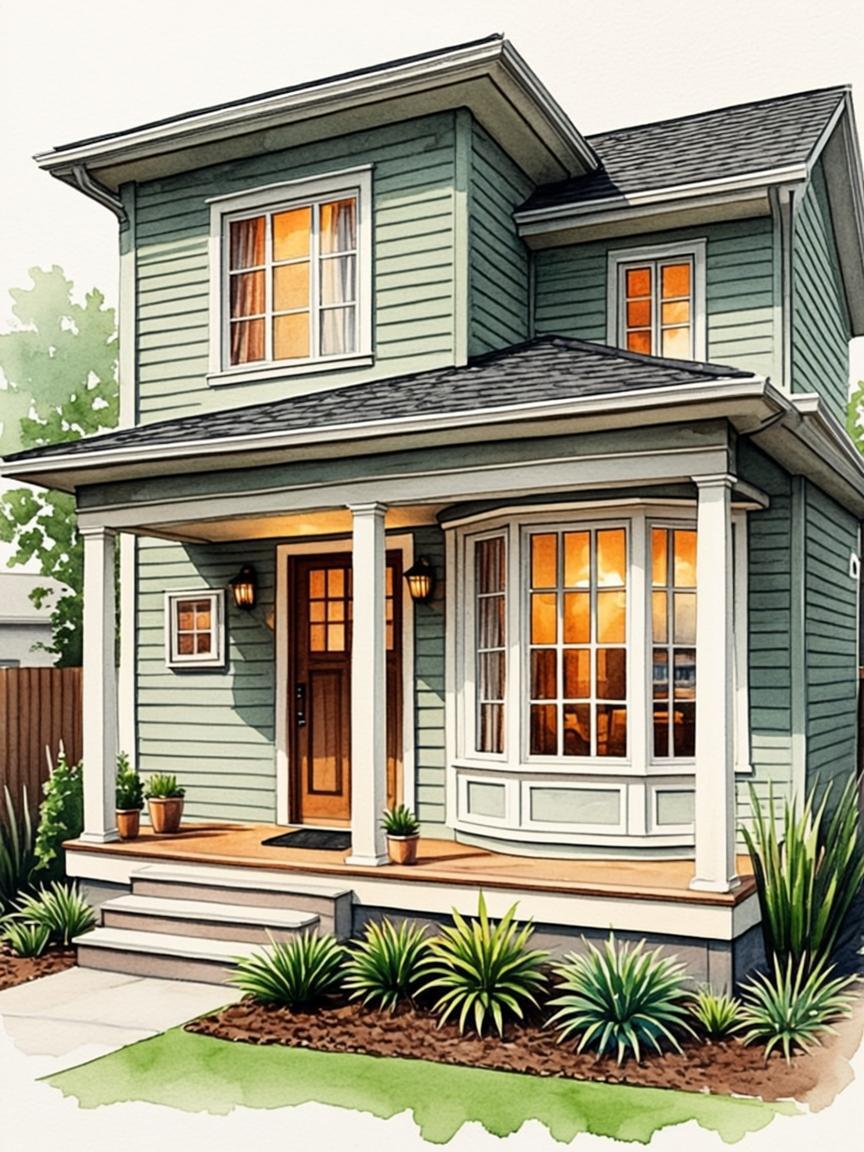 Watercolor of a modern home with deep porch and morning light