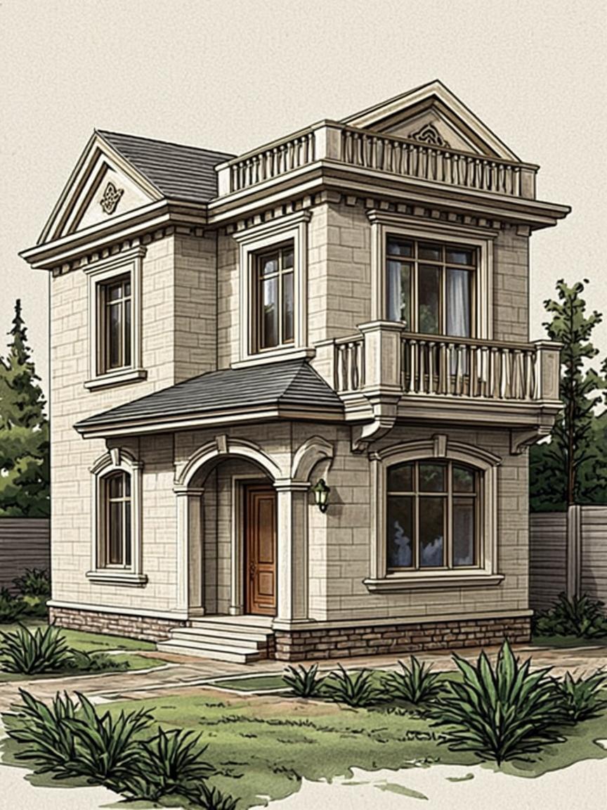 Ink and watercolor of an elegant townhouse with rooftop terrace