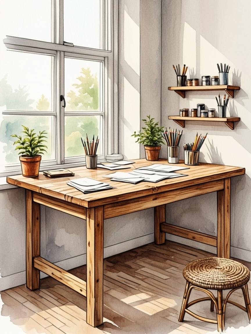 Watercolor of a cozy craftsman studio with desk by the window