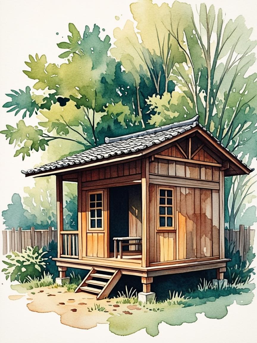Watercolor of a small hermitage studio with deep porch among trees