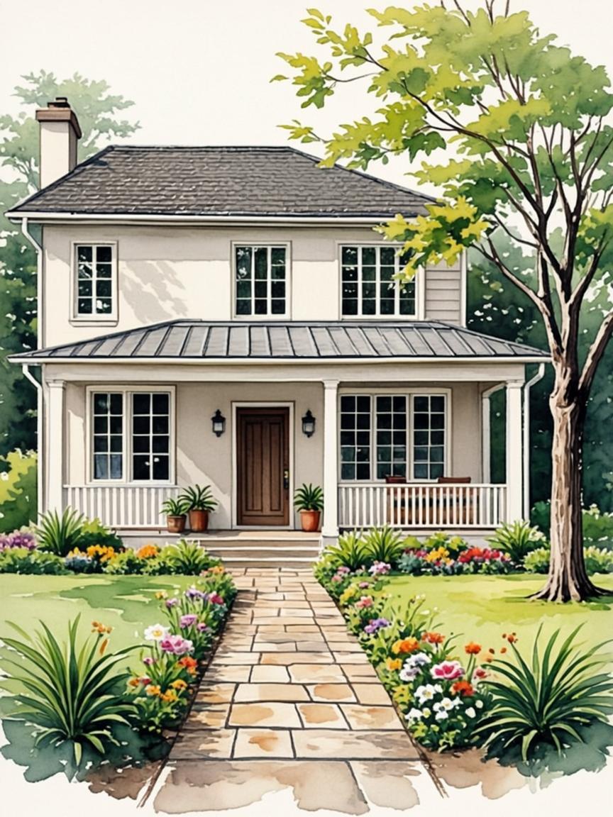 Watercolor of a home with garden entryway and glass doors