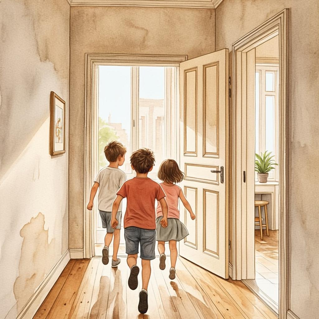 Children’s shadows passing through a hallway