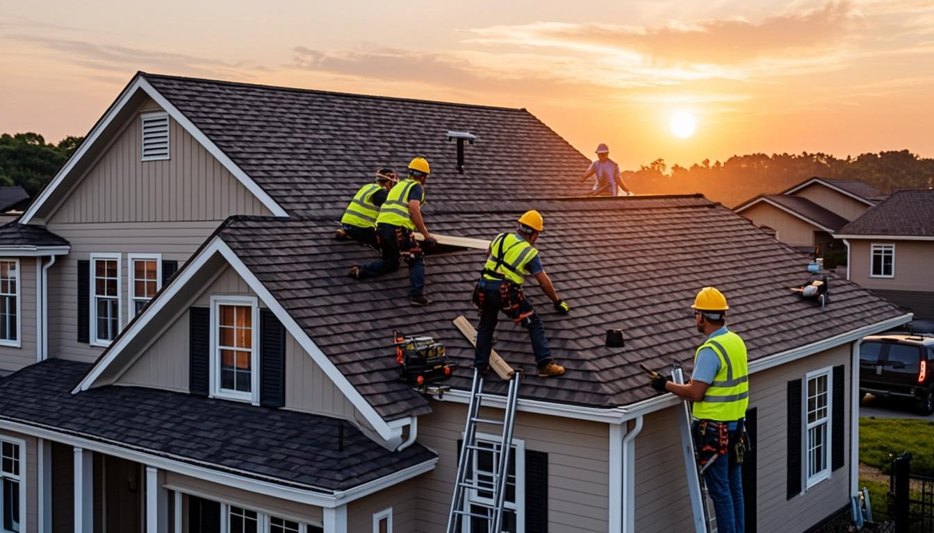 Professional roofing team working on a residential roof