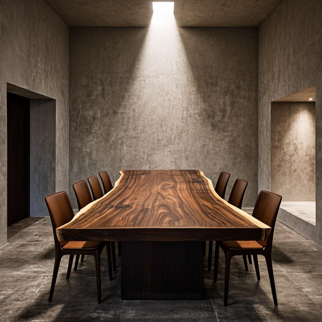 A monumental dining room with a custom walnut table as the sculptural centerpiece, raw plaster walls, and controlled natural light