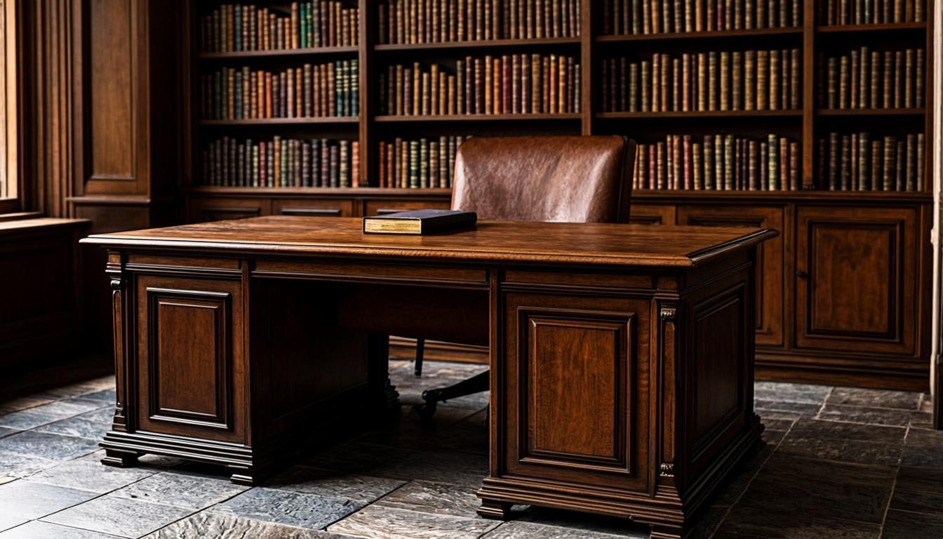 An executive private office with a massive custom desk in dark oak and aged bronze leg detail