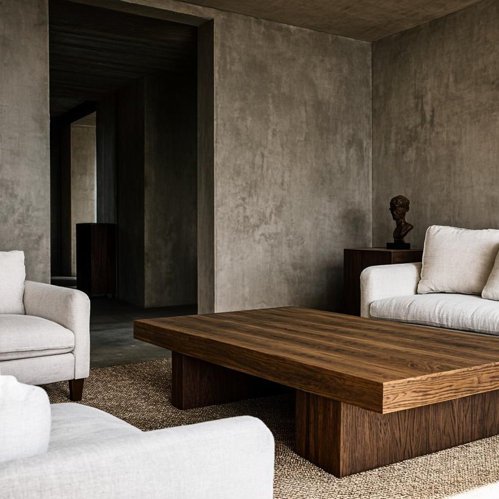 A refined residential living space with a sculptural smoked oak coffee table as the focal object