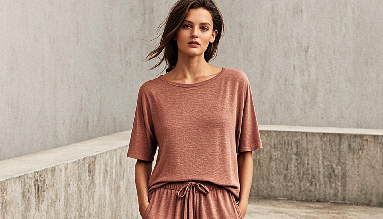 Woman in organic cotton terracotta matching set on shaded terrace