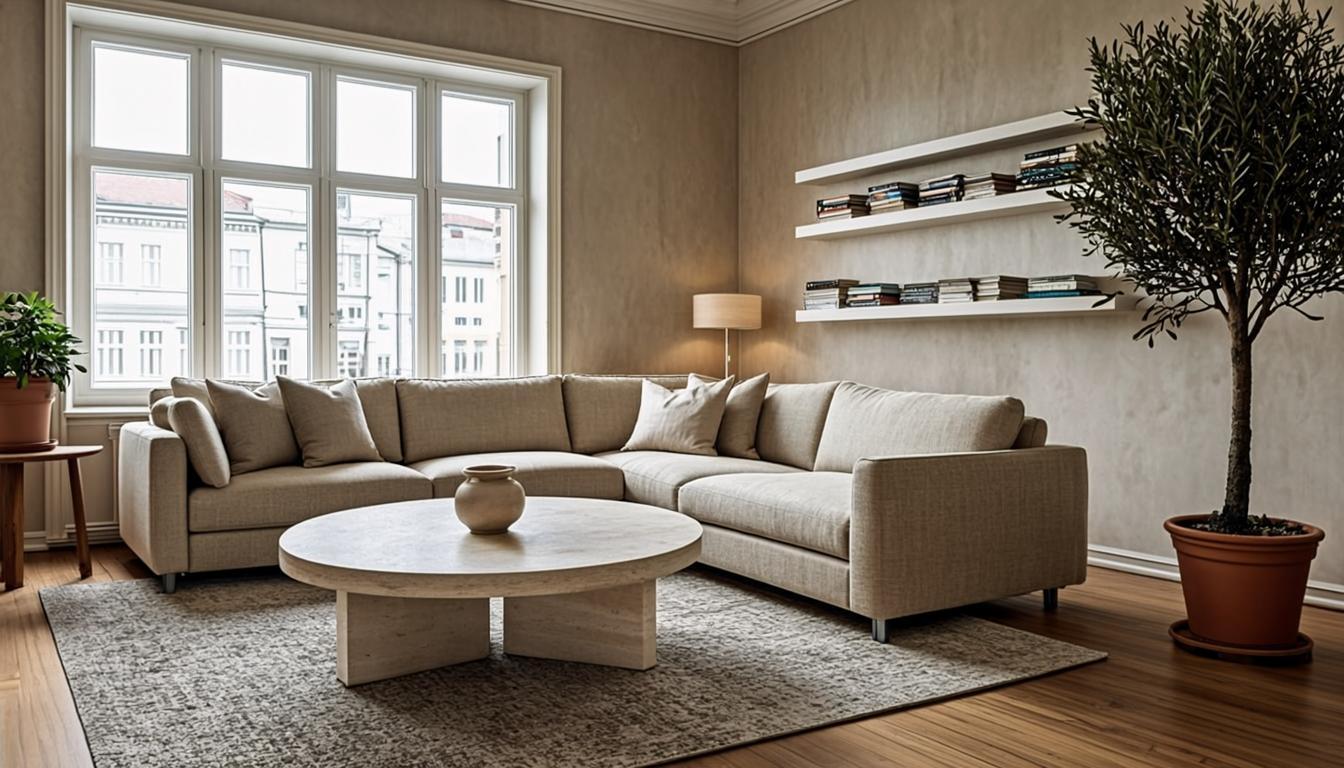 Scandinavian living room with warm natural light, oak furniture, and boucle sofa